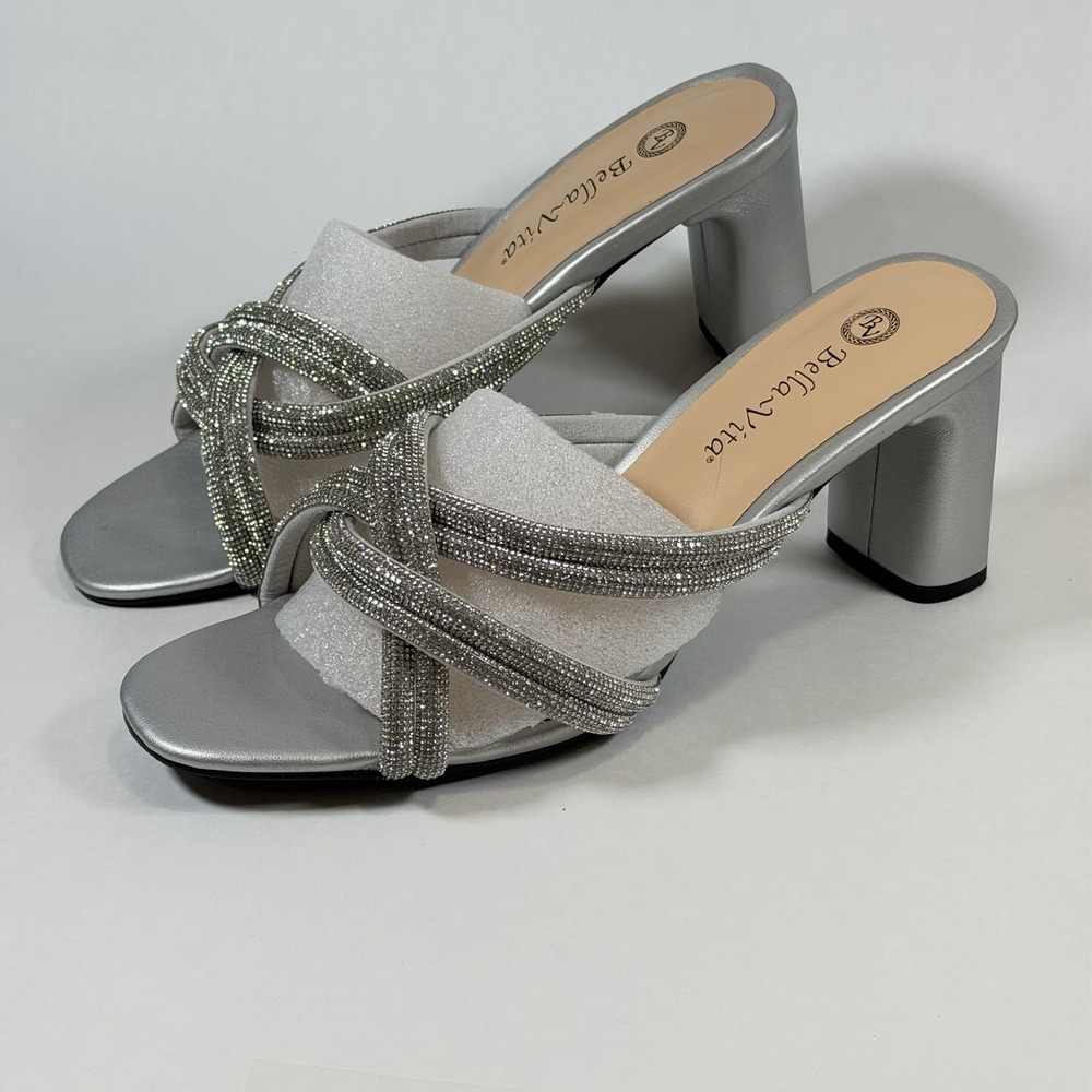 Bella Vita Size-8.5 W Women's Heels Carmen Silver Micro Suede Stones Sandals